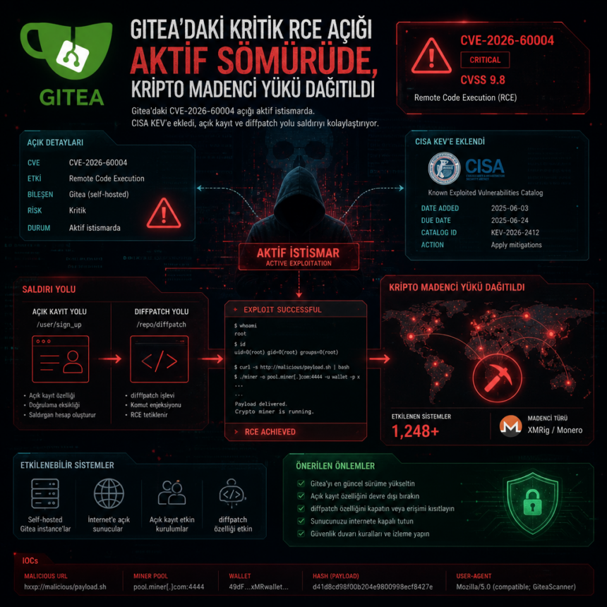 Gitea’daki kritik RCE açığı aktif sömürüde, kripto madenci yükü dağıtıldı