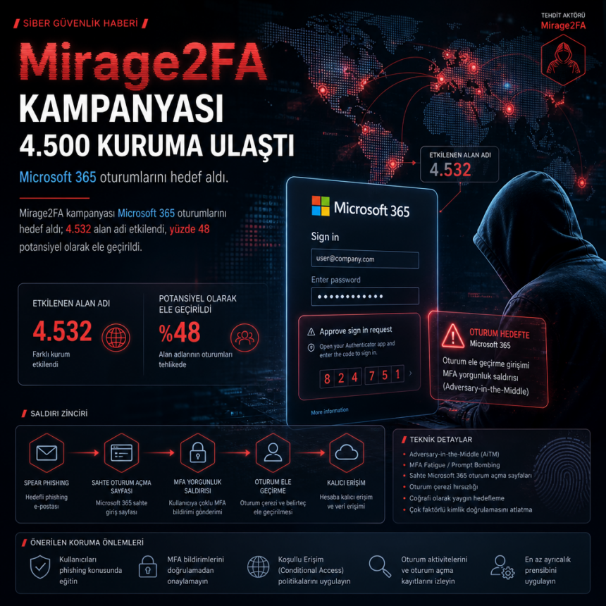 Mirage2FA kampanyası 4.500 kuruma ulaştı, Microsoft 365 oturumlarını hedef aldı