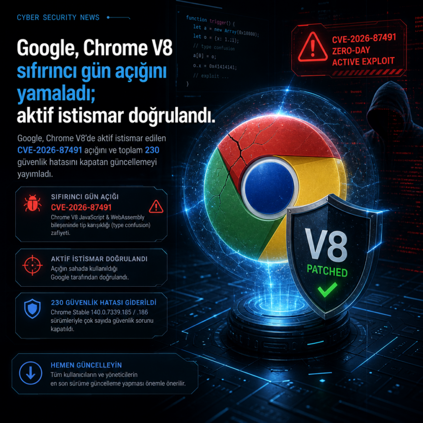 Google, Chrome V8 sıfırıncı gün açığını yamaladı; aktif istismar doğrulandı