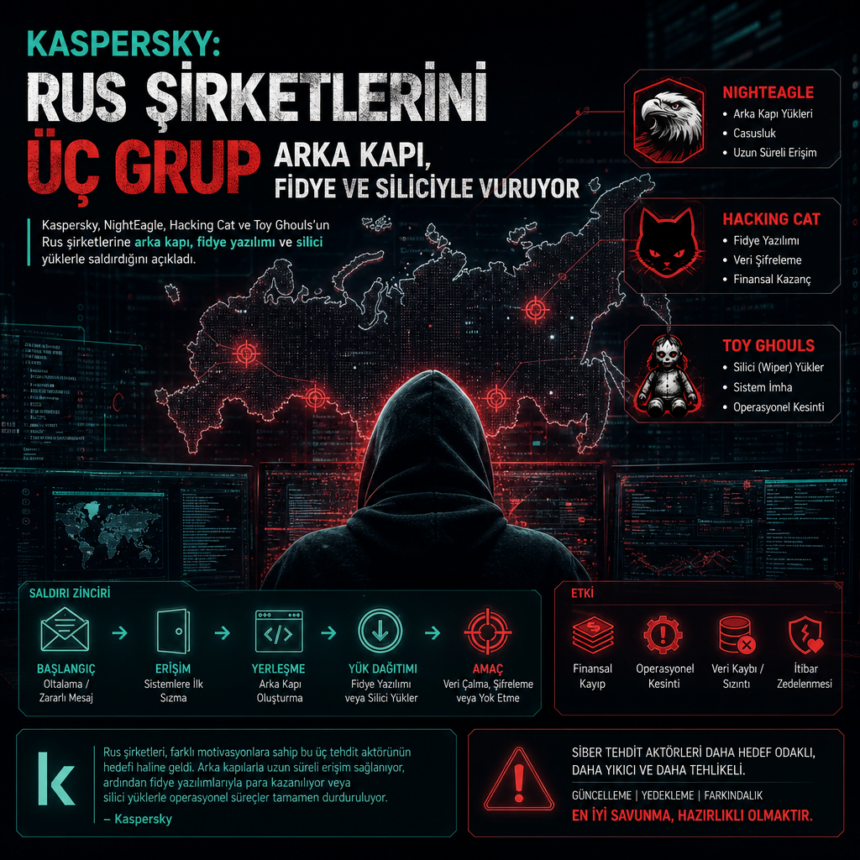 Kaspersky: Rus şirketlerini üç grup arka kapı, fidye ve siliciyle vuruyor