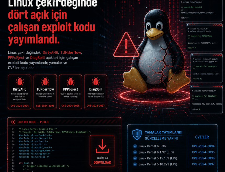 Linux çekirdeğinde dört açık için çalışan exploit kodu yayımlandı