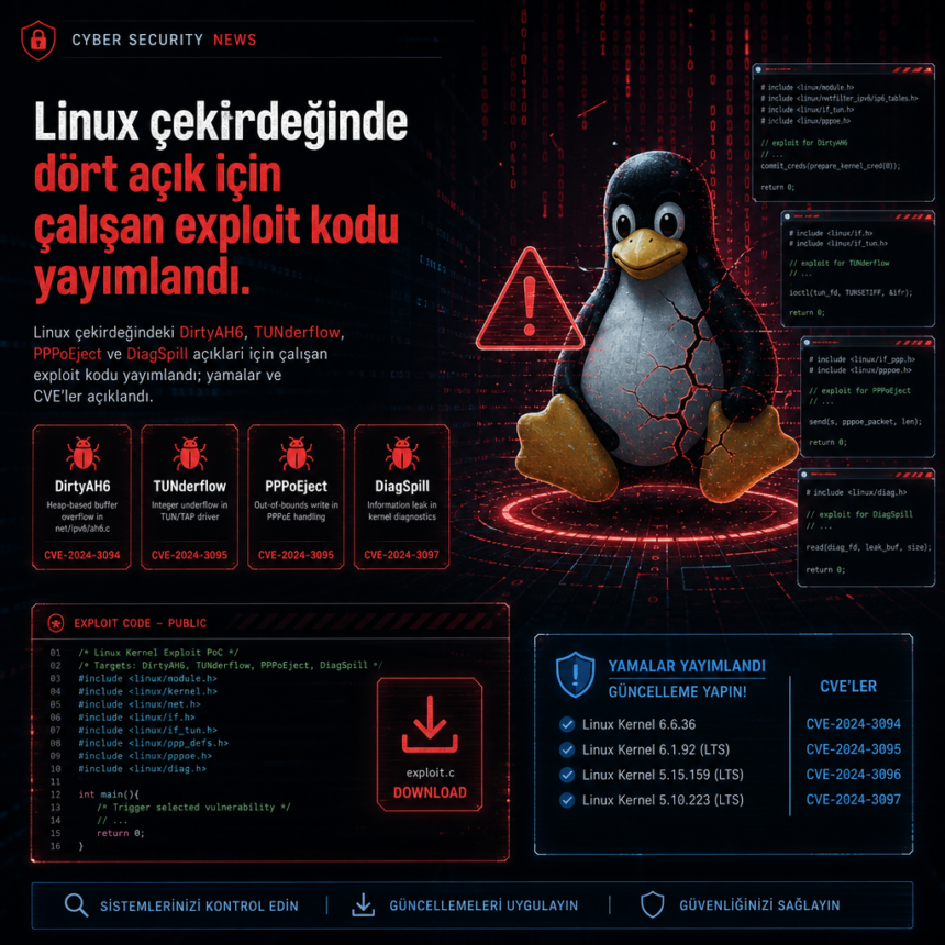 Linux çekirdeğinde dört açık için çalışan exploit kodu yayımlandı