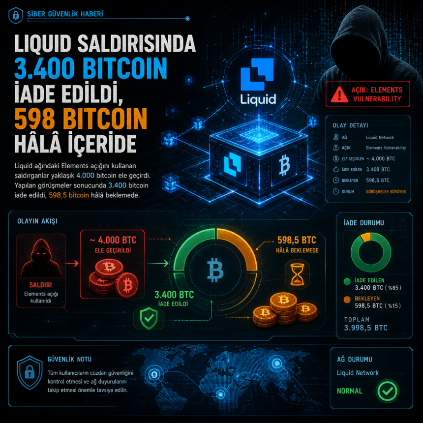Liquid saldırısında 3.400 bitcoin iade edildi, 598 bitcoin hâlâ içeride