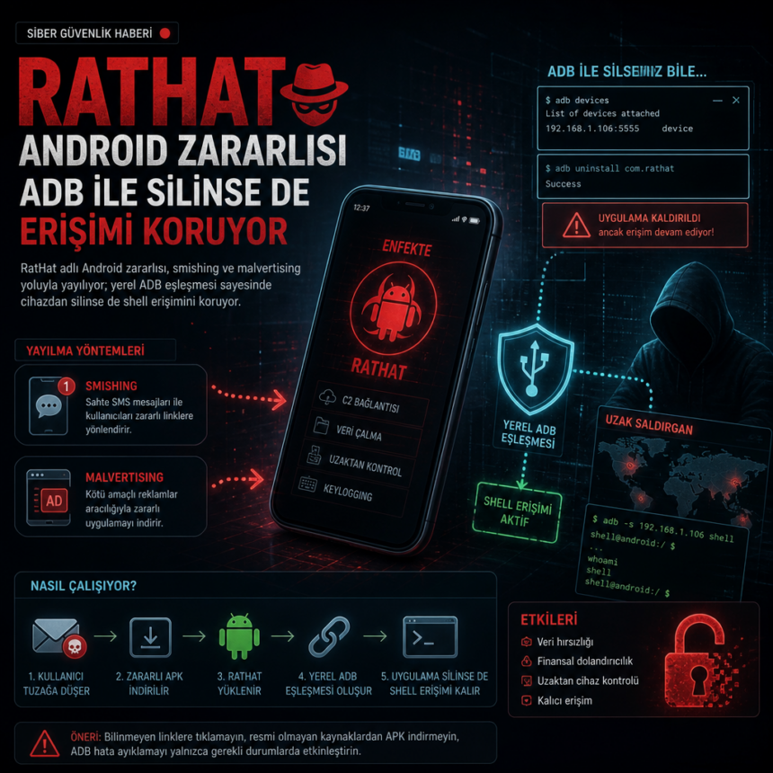 RatHat Android zararlısı ADB ile silinse de erişimi koruyor