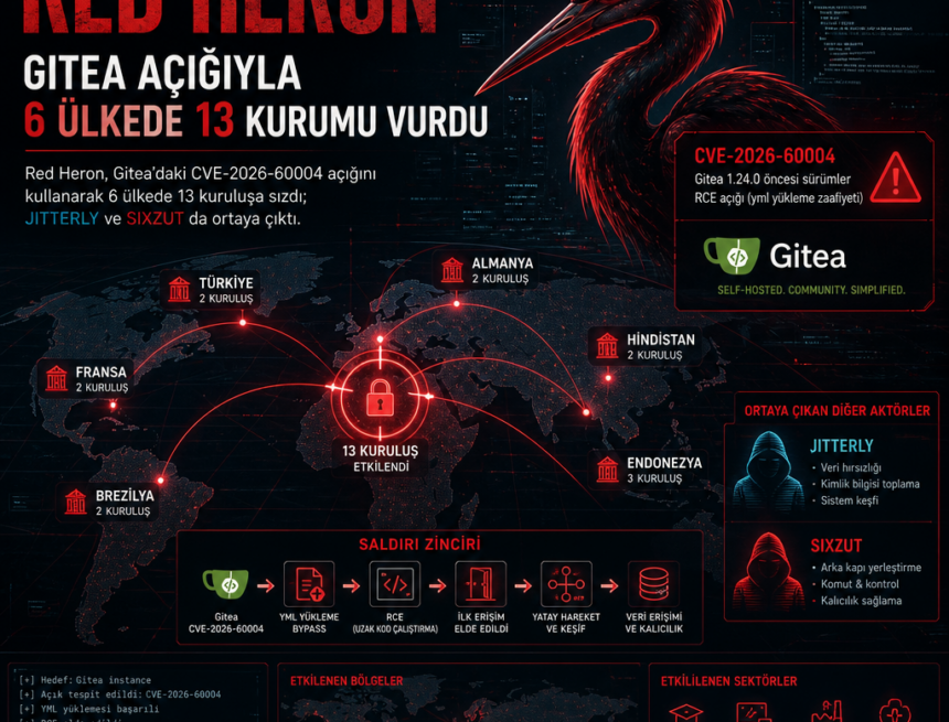 Red Heron, Gitea açığıyla 6 ülkede 13 kurumu vurdu