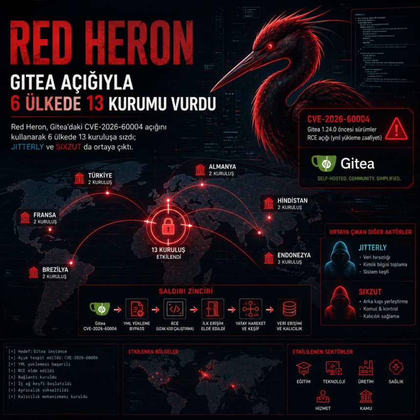 Red Heron, Gitea açığıyla 6 ülkede 13 kurumu vurdu