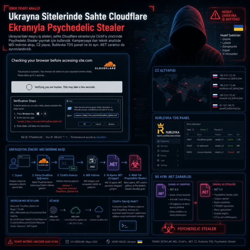 Ukrayna sitelerinde sahte Cloudflare ekranıyla Psychedelic Stealer