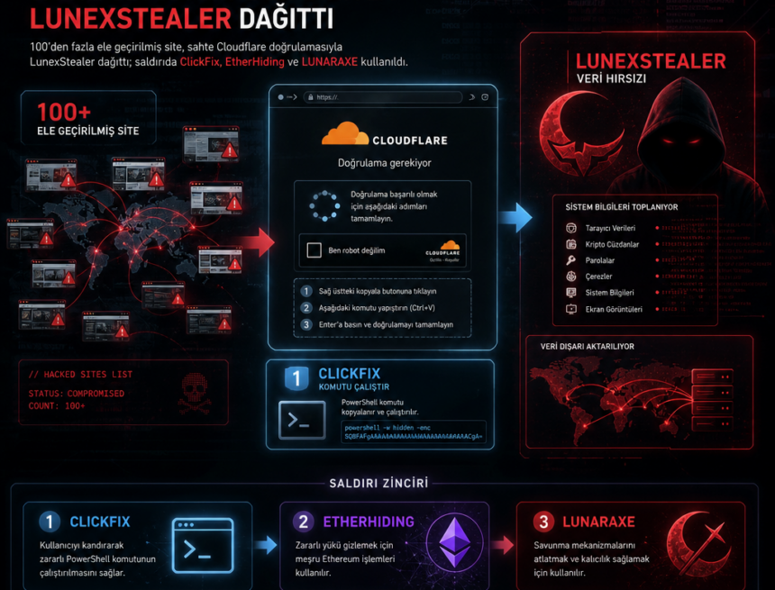 100’den fazla site, sahte Cloudflare ekranıyla LunexStealer dağıttı