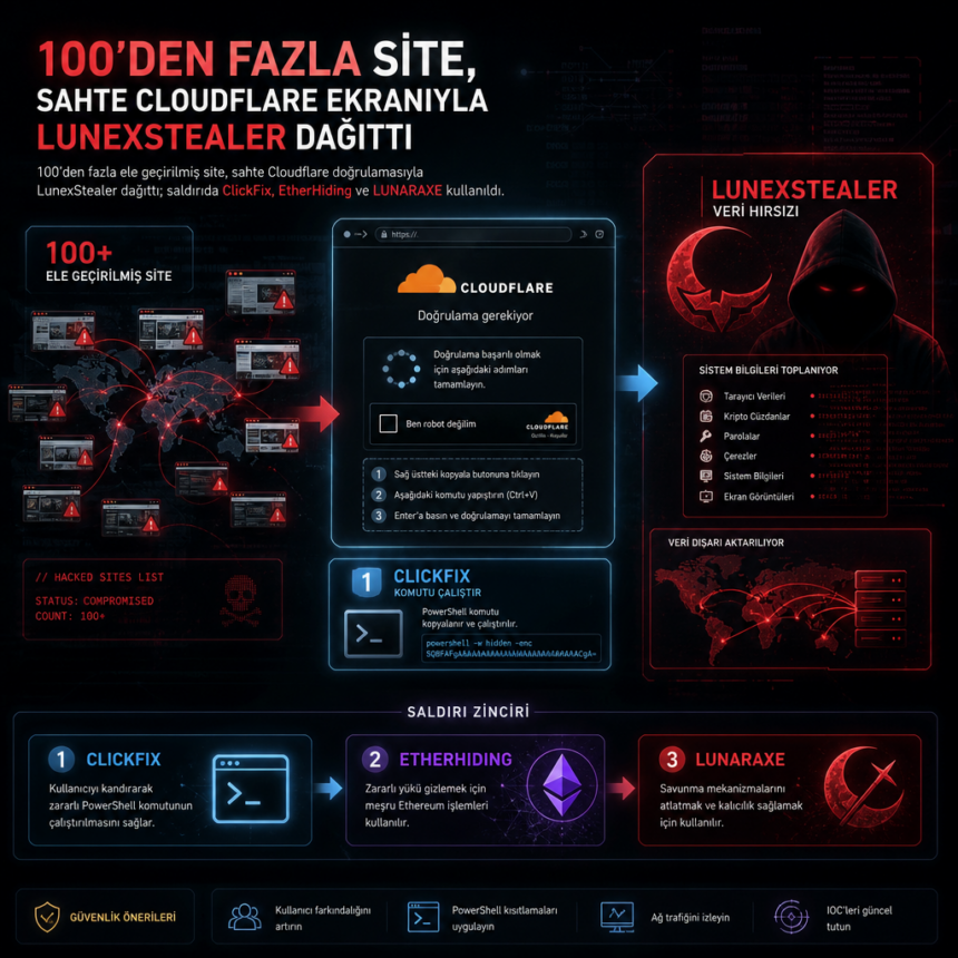 100’den fazla site, sahte Cloudflare ekranıyla LunexStealer dağıttı