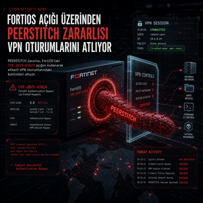 FortiOS açığı üzerinden PEERSTITCH zararlısı VPN oturumlarını atlatıyor