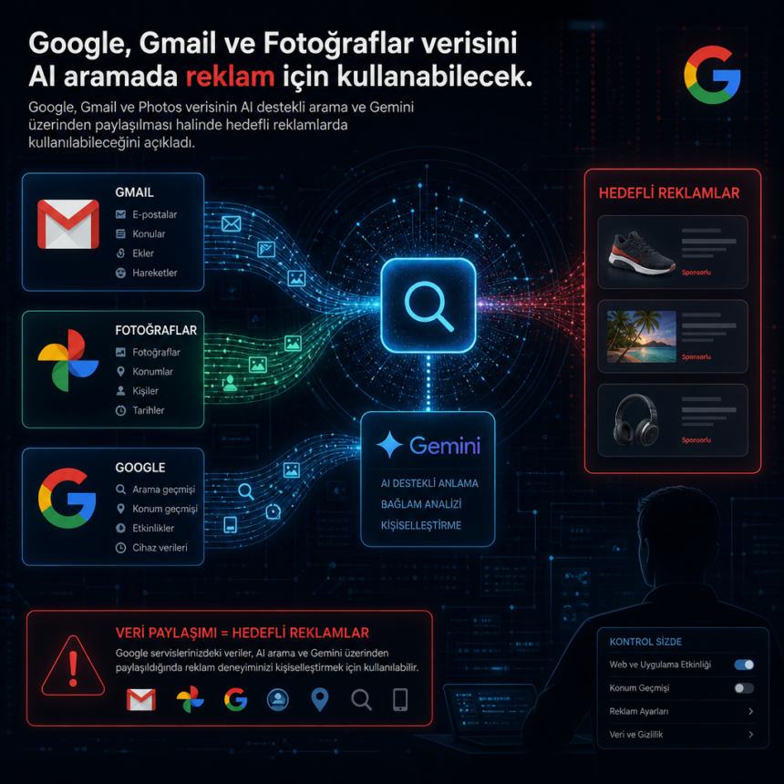 Google, Gmail ve Fotoğraflar verisini AI aramada reklam için kullanabilecek