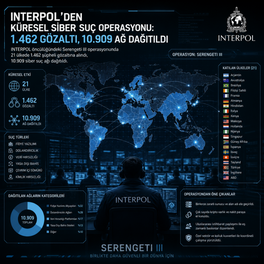 INTERPOL’den küresel siber suç operasyonu: 1.462 gözaltı, 10.909 ağ dağıtıldı