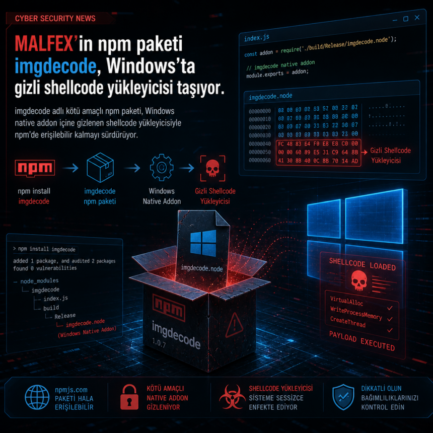 MALFEX’in npm paketi imgdecode, Windows’ta gizli shellcode yükleyicisi taşıyor