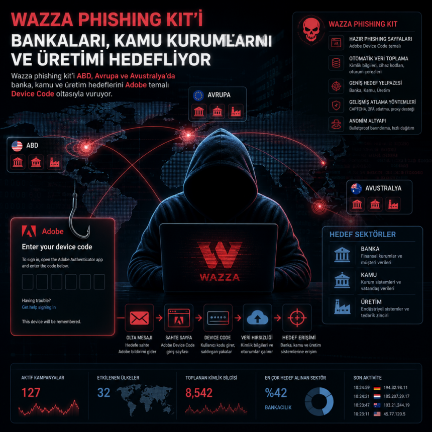 Wazza phishing kit’i bankaları, kamu kurumlarını ve üretimi hedef alıyor